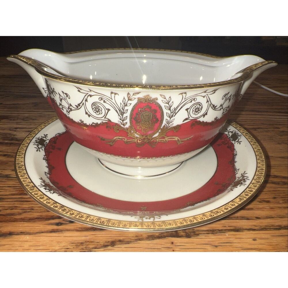 Meito MANDARIN Gravy Boat & Attached Underplate Red Gold Excellent Pristine!